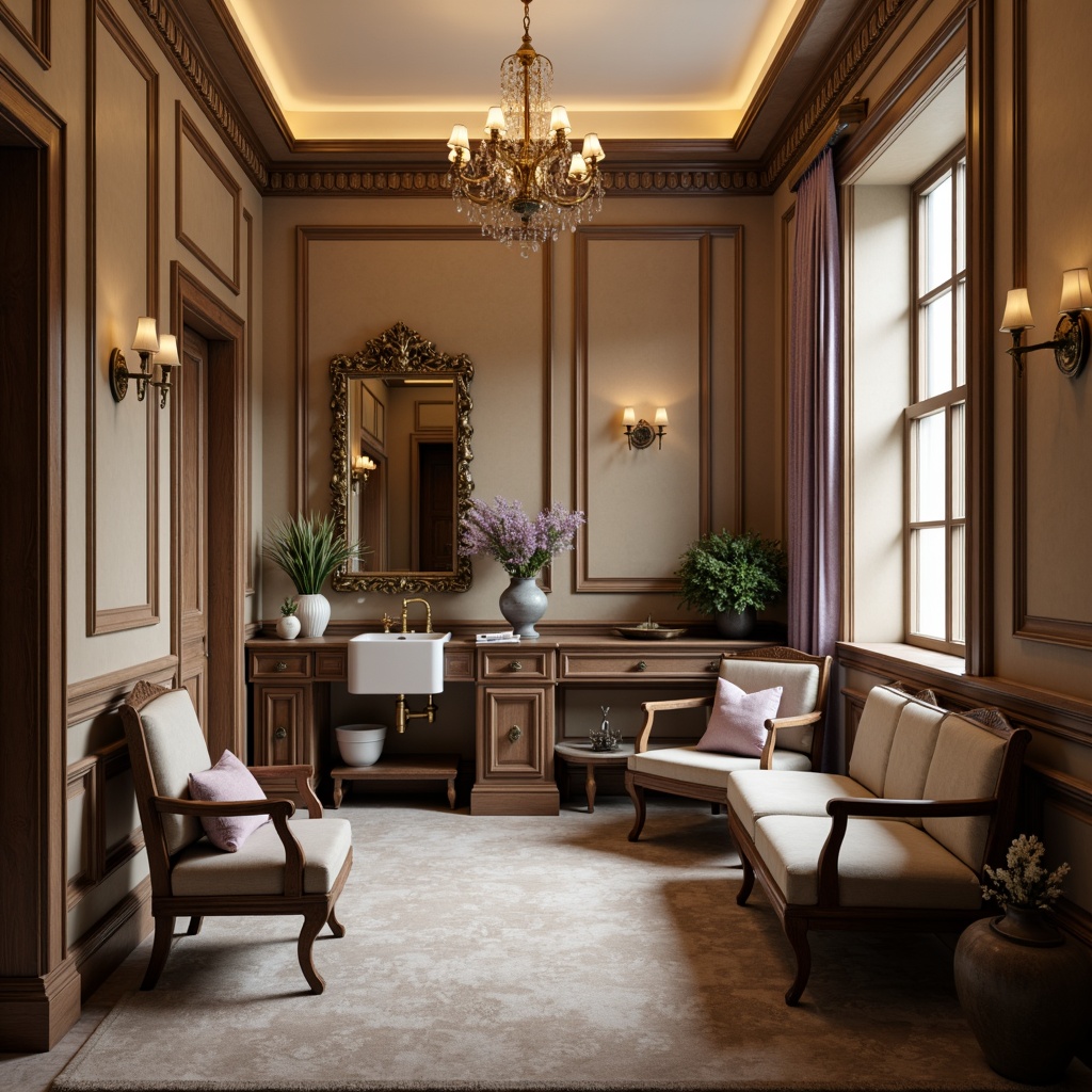 Prompt: Elegant powder room, soft warm lighting, rich wood paneling, ornate mirrors, antique furniture, luxurious velvet drapes, subtle sheen fabrics, muted earth tones, soothing beige walls, creamy white trim, gentle lavender accents, sophisticated navy blue undertones, classic academic style, refined ornateness, intricate moldings, decorative cornices, elegant chandeliers, warm golden lighting, shallow depth of field, 1/2 composition, soft focus, realistic textures.