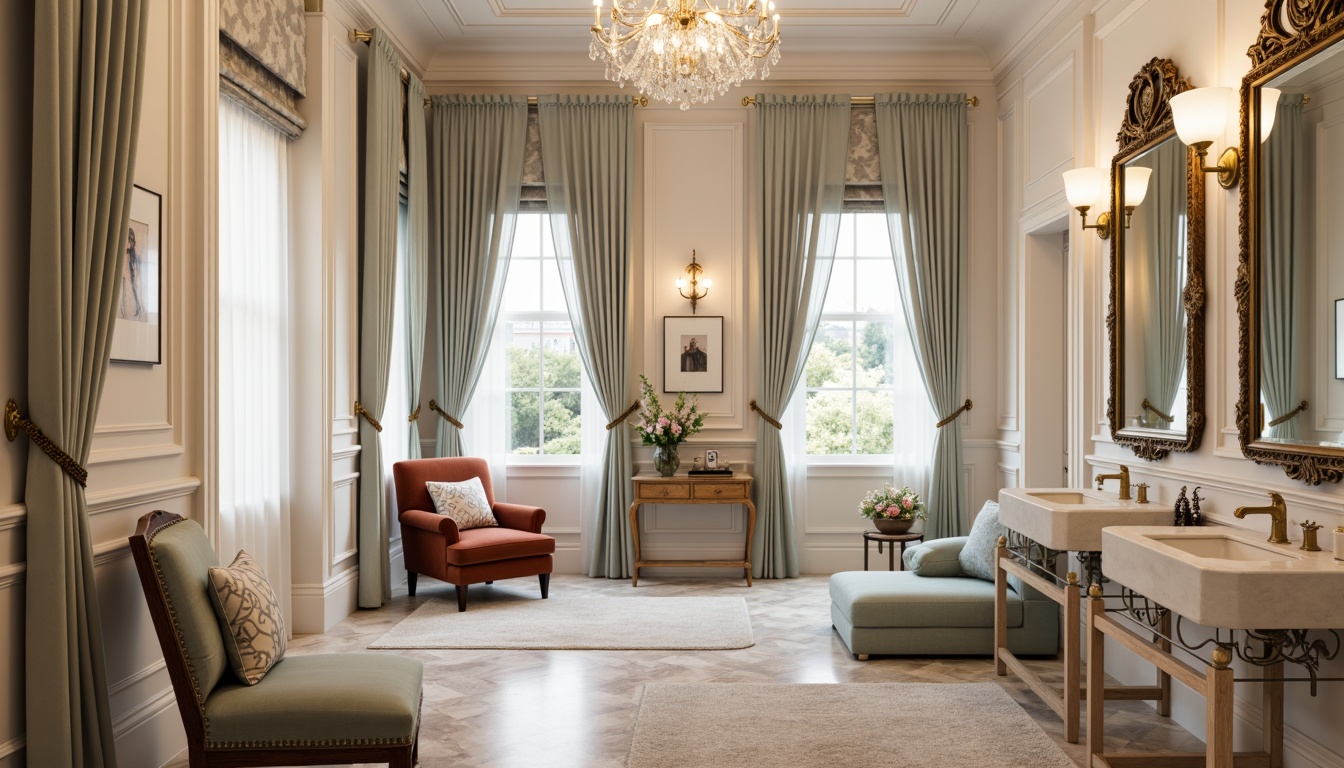 Prompt: Elegant powder room, luxurious velvet upholstery, antique gold hardware, ornate mirrors, crystal chandeliers, soft pastel hues, marble countertops, decorative molding, lavish drapery, plush area rugs, refined minimalist decor, warm ambient lighting, 1/1 composition, realistic textures, subtle shadowing.