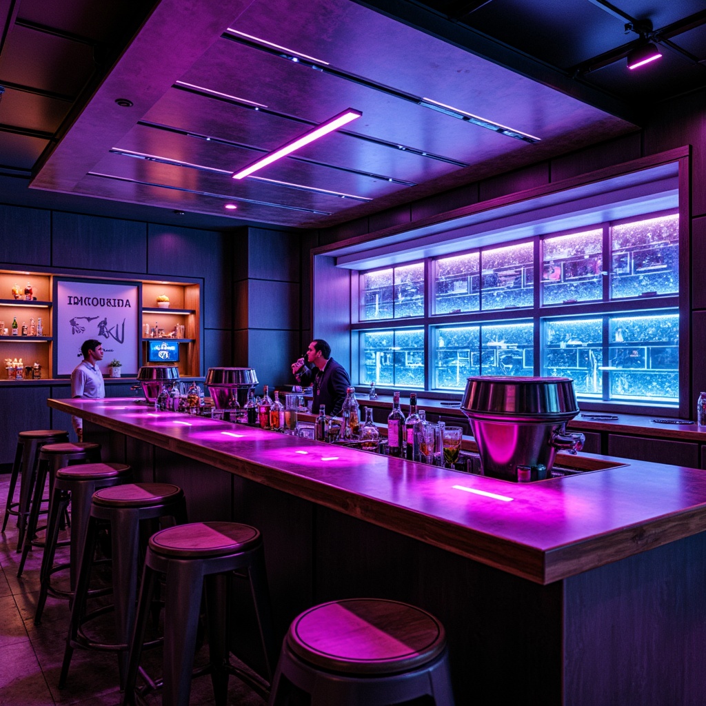 Prompt: Neon-lit bar counter, metallic sheen, futuristic stools, holographic displays, cyberpunk atmosphere, dimly lit ambiance, glowing cocktails, levitating drink mixes, robotic bartenders, high-tech gadgetry, LED strip lighting, geometric patterns, minimalist decor, space-age materials, iridescent colors, virtual reality interfaces, augmented reality experiences, 3D projection mapping, panoramic views, shallow depth of field, cinematic composition.