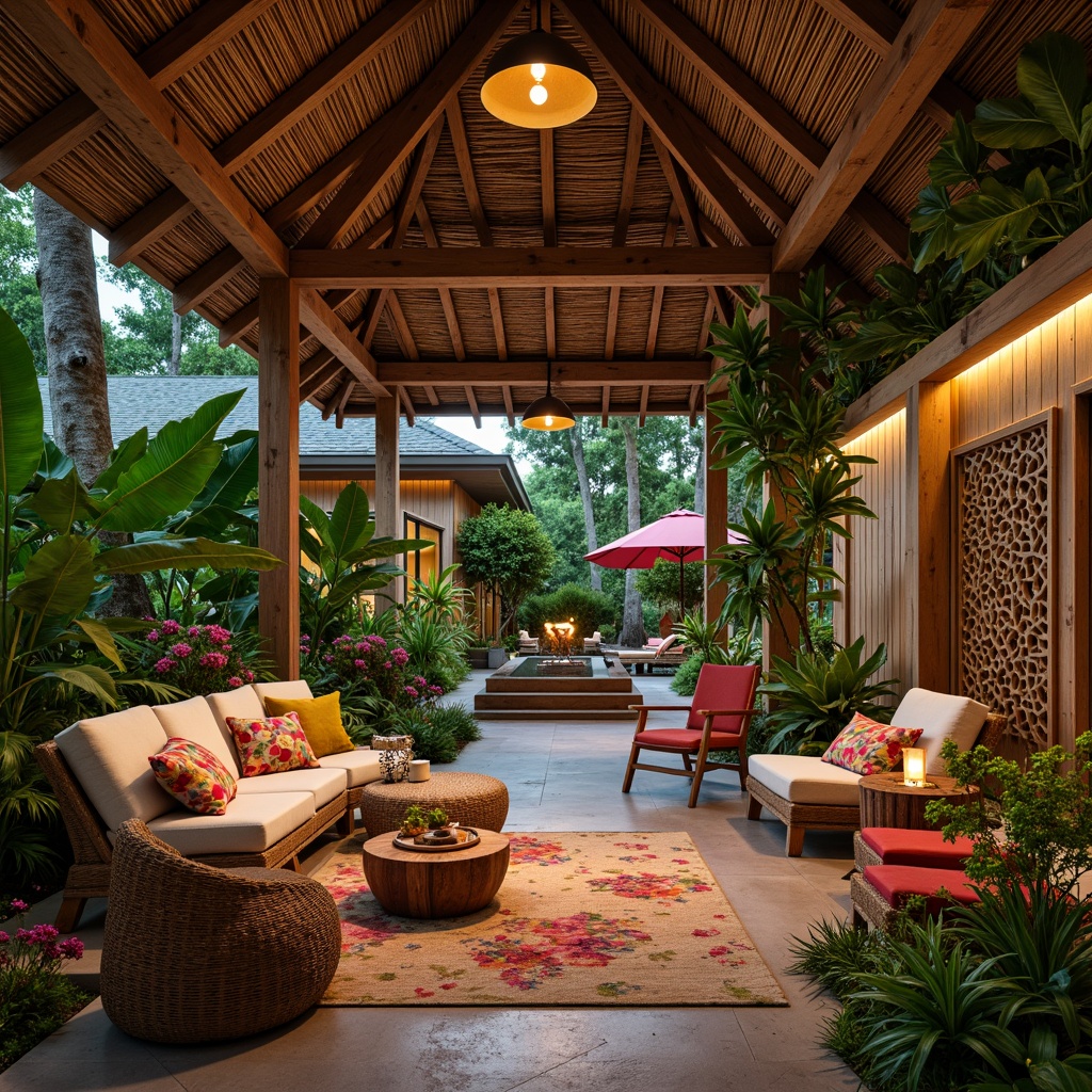 Prompt: Vibrant tropical resort, lush greenery, exotic flowers, wooden accents, rattan furniture, wicker chairs, plush cushions, natural fabrics, bright colorful textiles, woven baskets, carved wooden decorations, tribal-inspired patterns, ambient warm lighting, shallow depth of field, 1/1 composition, cozy intimate atmosphere, relaxed modern design, eco-friendly materials, sustainable wood sources, natural stone flooring, tropical hardwoods, woven reed ceilings, ocean-inspired color palette.