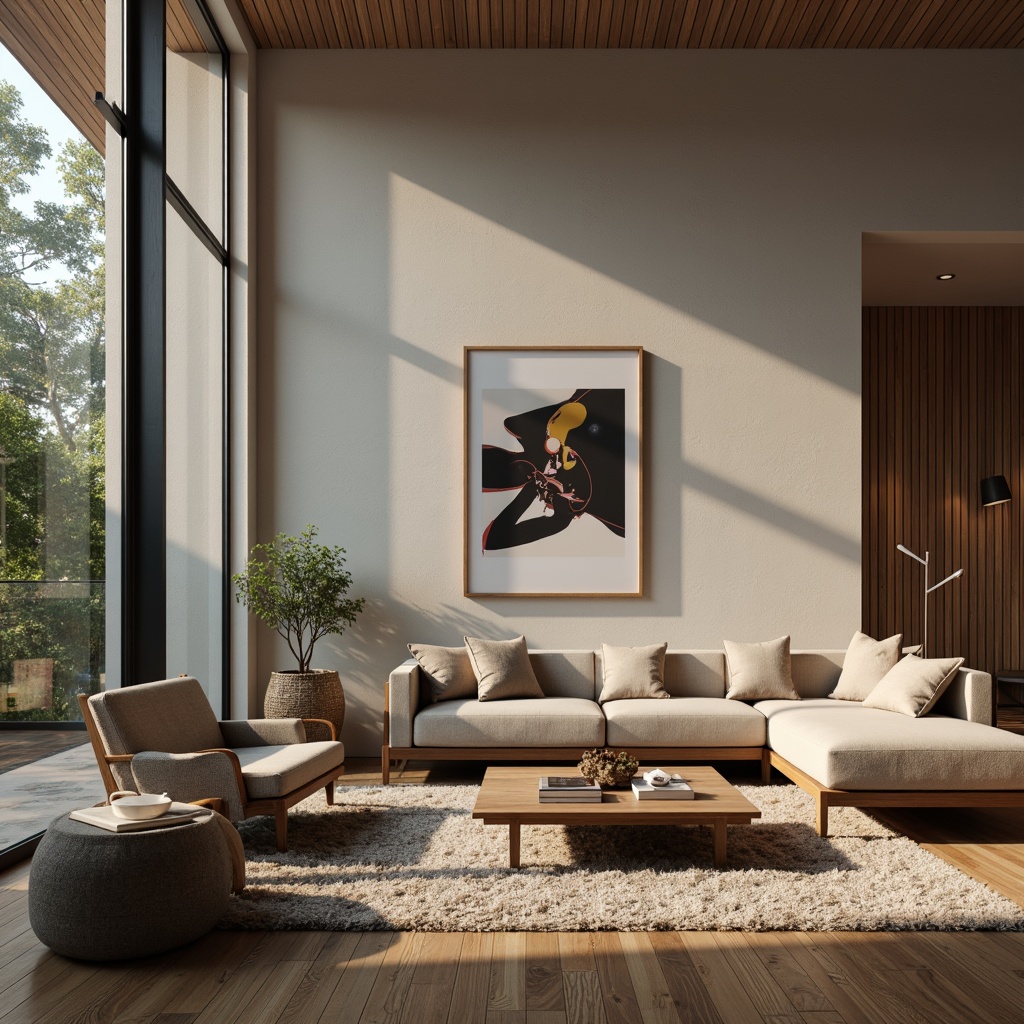 Prompt: Modern minimalist living room, sleek low-profile furniture, plush throw pillows, abstract art pieces, metallic accents, floor-to-ceiling windows, natural wood flooring, cozy area rugs, ambient warm lighting, 1/1 composition, shallow depth of field, realistic textures, soft box shadows.