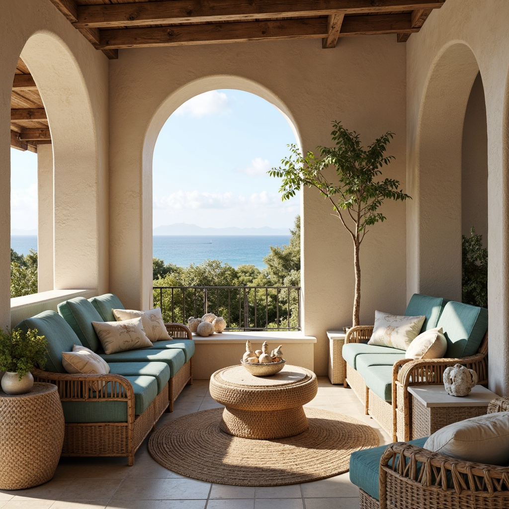 Prompt: Cozy coastal nook, plush cushions, driftwood accents, woven wicker furniture, soft blue-green upholstery, natural fiber rugs, sea-inspired decorative shells, coral-patterned throw pillows, warm beige stonework, curved lines, beachy vibe, sunny day, gentle ocean breeze, soft focus, 1/2 composition, atmospheric perspective, realistic textures, subtle ambient occlusion.