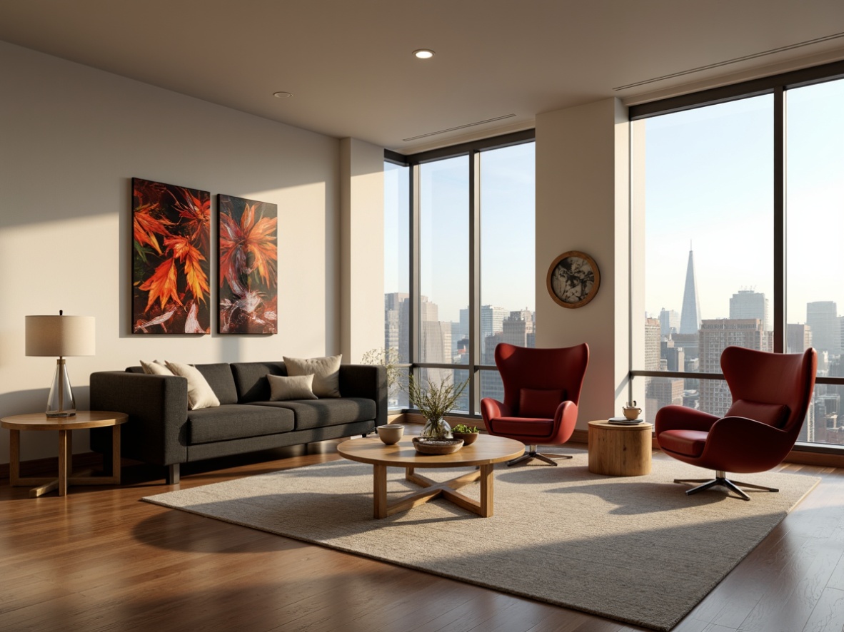 Prompt: Modern living room, neutral beige walls, rich charcoal grey sofas, bold crimson accent chairs, natural wood coffee tables, sleek chrome lamp fixtures, soft cream-colored rugs, abstract art pieces, floor-to-ceiling windows, panoramic city views, warm ambient lighting, shallow depth of field, 1/1 composition, realistic textures.