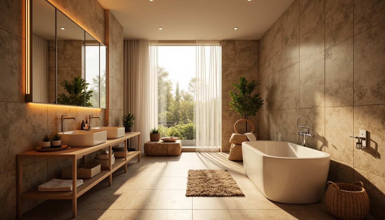 Prompt: Luxurious bathroom, soft warm glow, LED strip lighting, mirrored cabinets, polished chrome fixtures, rainfall showerhead, freestanding tub, natural stone walls, heated flooring, ambient dimmable lighting, 3-point composition, shallow depth of field, panoramic view, realistic reflections, morning sunlight, relaxing atmosphere.