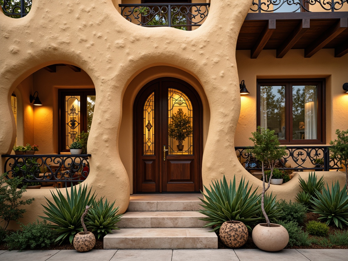 Prompt: Whimsical housing facade, undulating lines, ornate decorations, flowing curves, organic forms, vibrant earthy tones, warm beige stucco, intricately carved wooden doors, sinuous metal railings, stained glass windows, floral patterns, botanical motifs, soft warm lighting, shallow depth of field, 1/1 composition, intimate atmosphere, cozy living spaces, plush furnishings, vintage decorative accents.