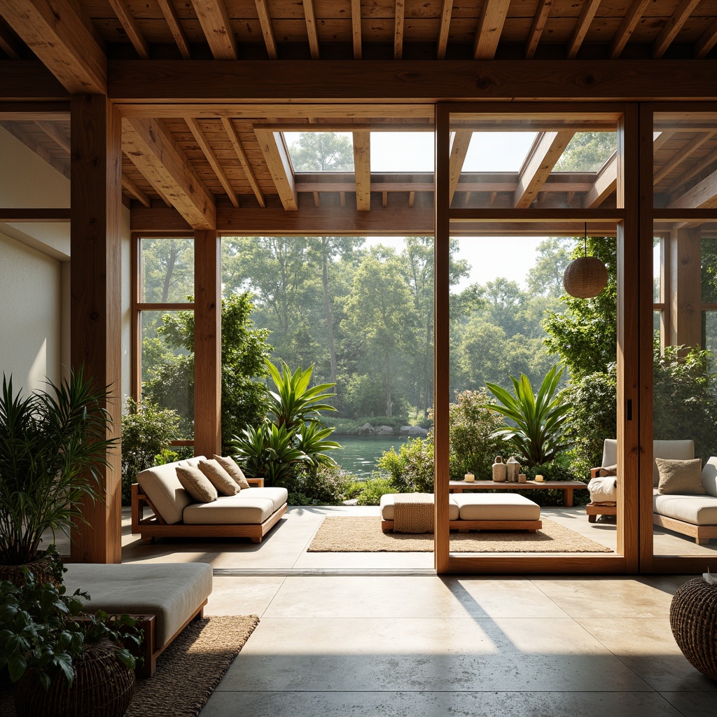 Prompt: Asian-inspired sunroom, sliding glass doors, minimal ornaments, natural stone flooring, bamboo accents, paper lanterns, lush greenery, tropical plants, floor-to-ceiling windows, clerestory windows, skylights, soft warm lighting, shallow depth of field, 3/4 composition, panoramic view, realistic textures, ambient occlusion, morning sunlight, afternoon warmth, comfortable seating areas, wooden furniture, woven textiles, earthy color palette.