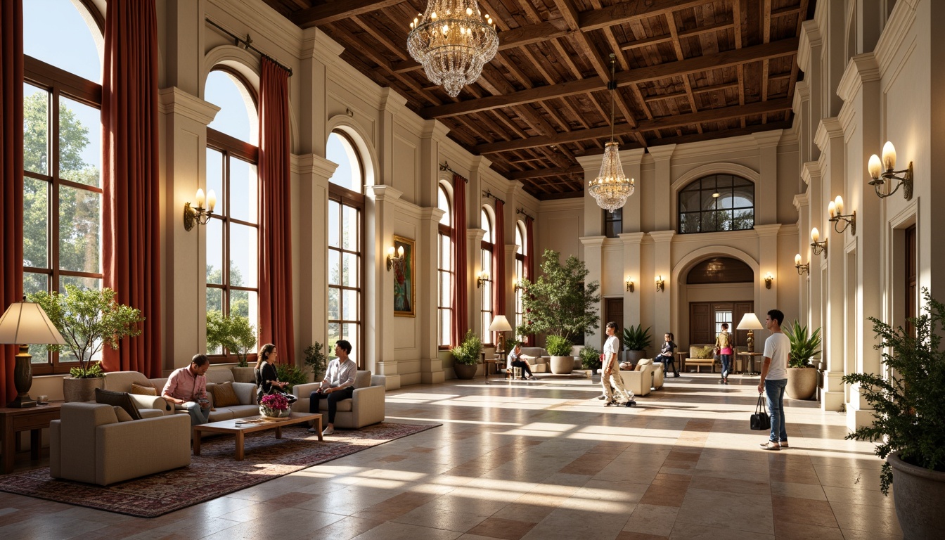 Prompt: Elegant community center, neoclassical columns, ornate moldings, luxurious fabrics, velvet drapes, linen upholstery, intricate patterns, golden accents, refined wood tones, polished marble floors, crystal chandeliers, soft warm lighting, shallow depth of field, 1/1 composition, realistic textures, ambient occlusion.