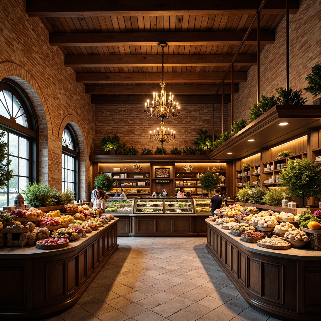 Prompt: Elegant Renaissance-style grocery store, ornate chandeliers, warm golden lighting, rustic wooden beams, distressed brick walls, vintage metal lanterns, intricate ironwork details, soft warm glow, ambient shadows, 1/1 composition, shallow depth of field, realistic textures, warm color palette, inviting atmosphere, decorative ceramic tiles, ornate wooden shelves, antique-style display cases, lavish flower arrangements, abundant fresh produce, artisanal food displays, rich aromas.