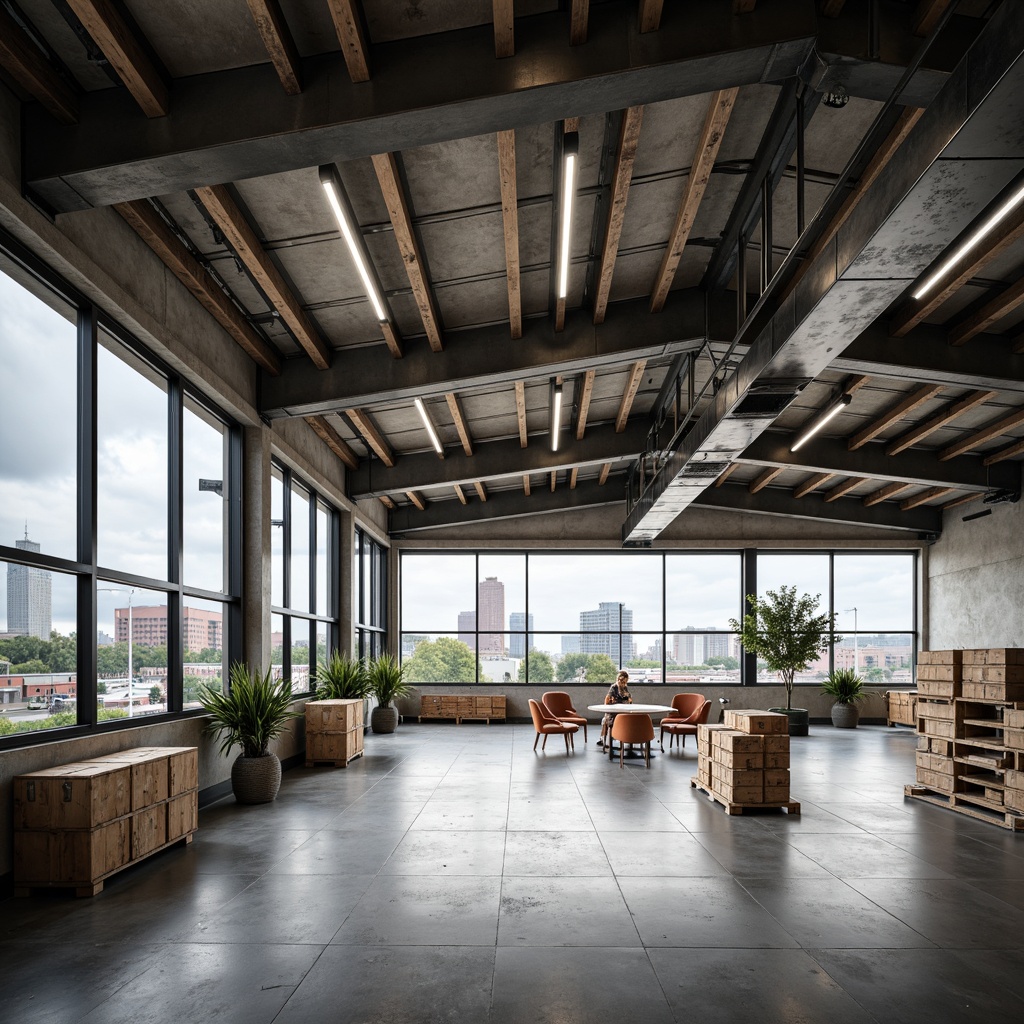 Prompt: Industrial chic distribution center, exposed ductwork, polished concrete floors, sleek metal beams, modern LED lighting, high-bay fluorescent fixtures, energy-efficient solutions, task-oriented lighting, flexible warehouse spaces, adaptive reuse, repurposed industrial materials, rustic wooden accents, urban landscape views, cloudy day, soft diffused lighting, 1/1 composition, realistic textures, ambient occlusion.