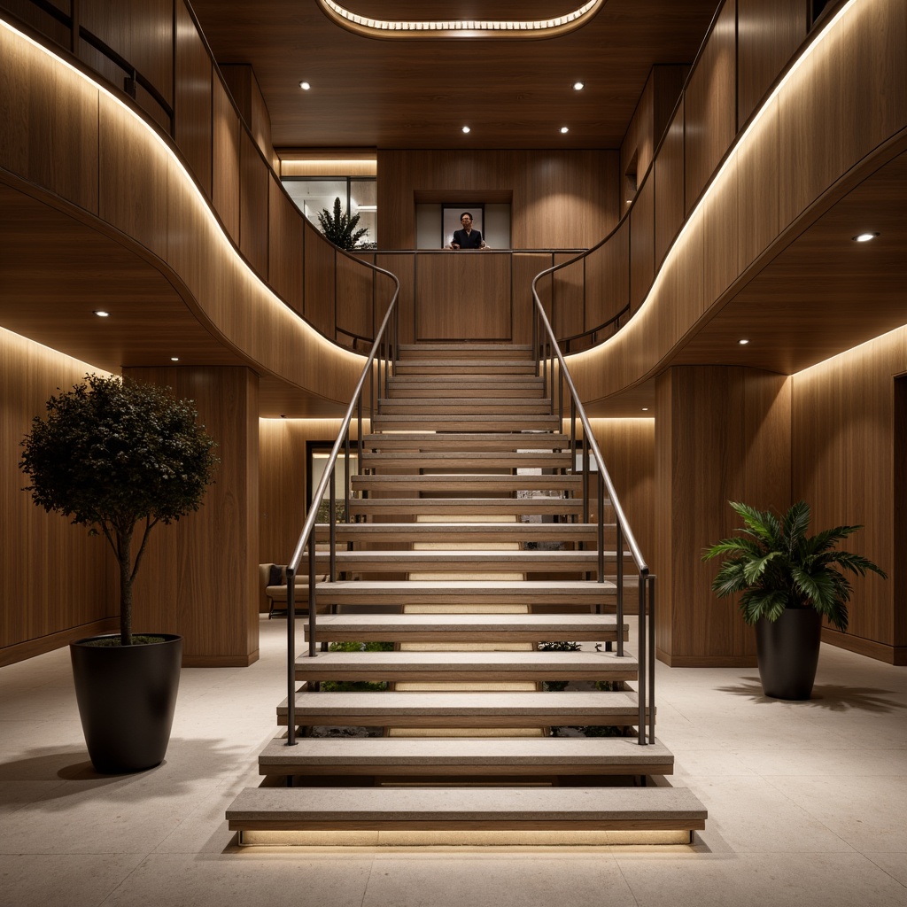 Prompt: Luxurious staircase, sleek metal railings, polished chrome accents, rich wood tones, soft carpeting, minimalist design, open risers, floating steps, LED lighting strips, ambient glow, dramatic shadows, modern architecture, high ceilings, spacious landings, elegant curves, sophisticated textures, realistic materials, shallow depth of field, 1/1 composition, low-angle view.