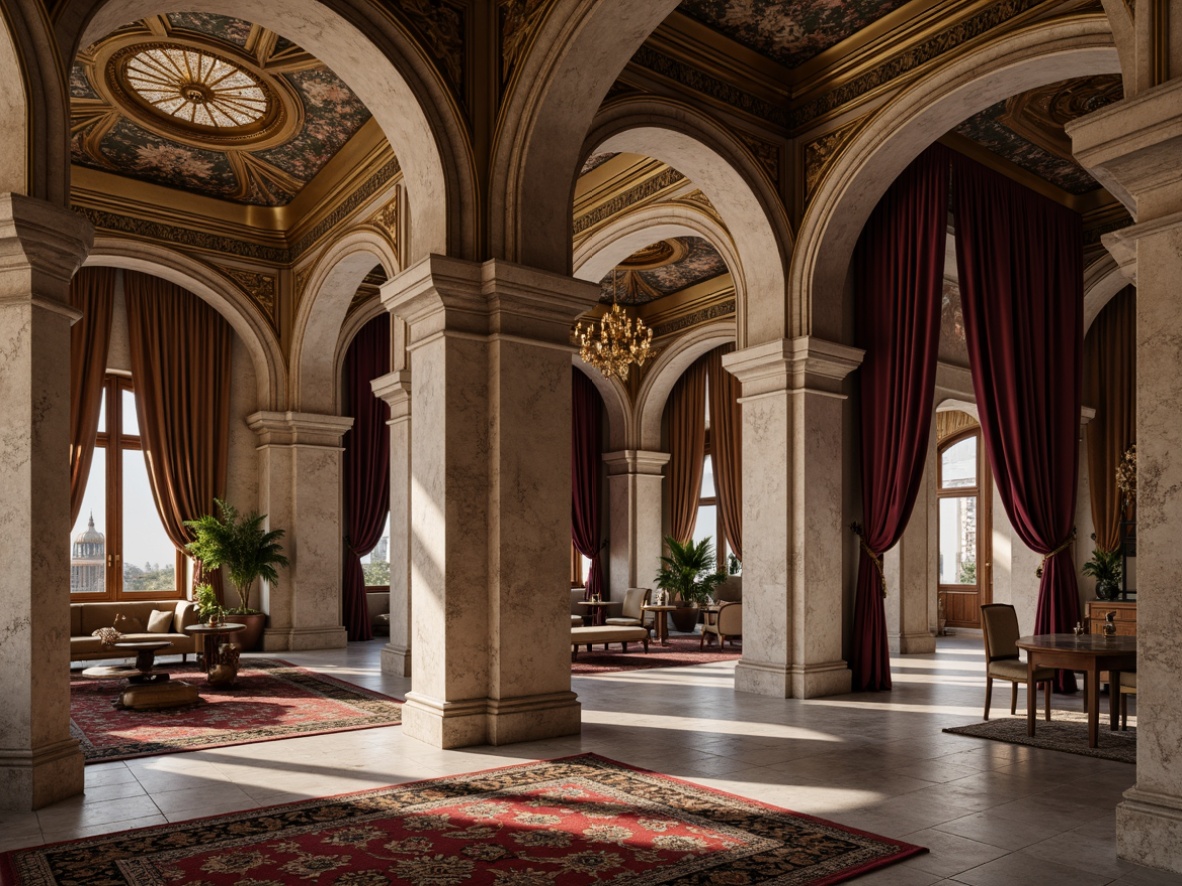 Prompt: Renaissance-style palazzo, ornate stone carvings, rusticated quoins, textured marble columns, intricate fresco ceilings, grandiose archways, ornamental bronze door handles, lavish golden ornaments, velvety drapes, richly patterned rugs, ambient warm lighting, soft focus, shallow depth of field, 2/3 composition, realistic textures, subtle normal mapping.