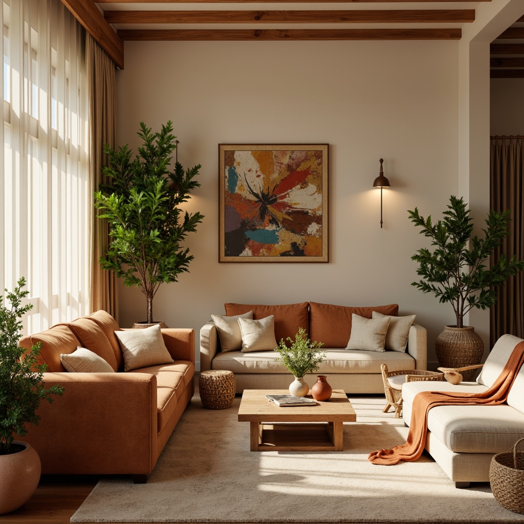 Prompt: Cozy family room, warm beige walls, plush sofas, soft velvet fabrics, natural wood accents, earthy terracotta pots, vibrant greenery, colorful artwork, golden lighting fixtures, comfortable seating areas, rustic wooden tables, woven baskets, warm neutral tones, inviting atmosphere, soft focus photography, shallow depth of field, 2/3 composition, relaxed mood.