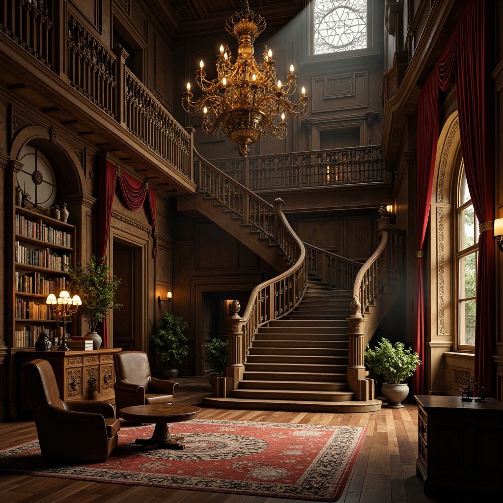 Prompt: Dark academia-inspired interior, rich wood tones, ornate metalwork, grandiose chandeliers, mysterious candlelight, ancient tomes, worn leather armchairs, intricate stone carvings, mystical symbols, grand staircase, dramatic archways, opulent velvet drapes, mysterious ambiance, warm golden lighting, cinematic composition, high contrast ratio, realistic textures, ambient occlusion.