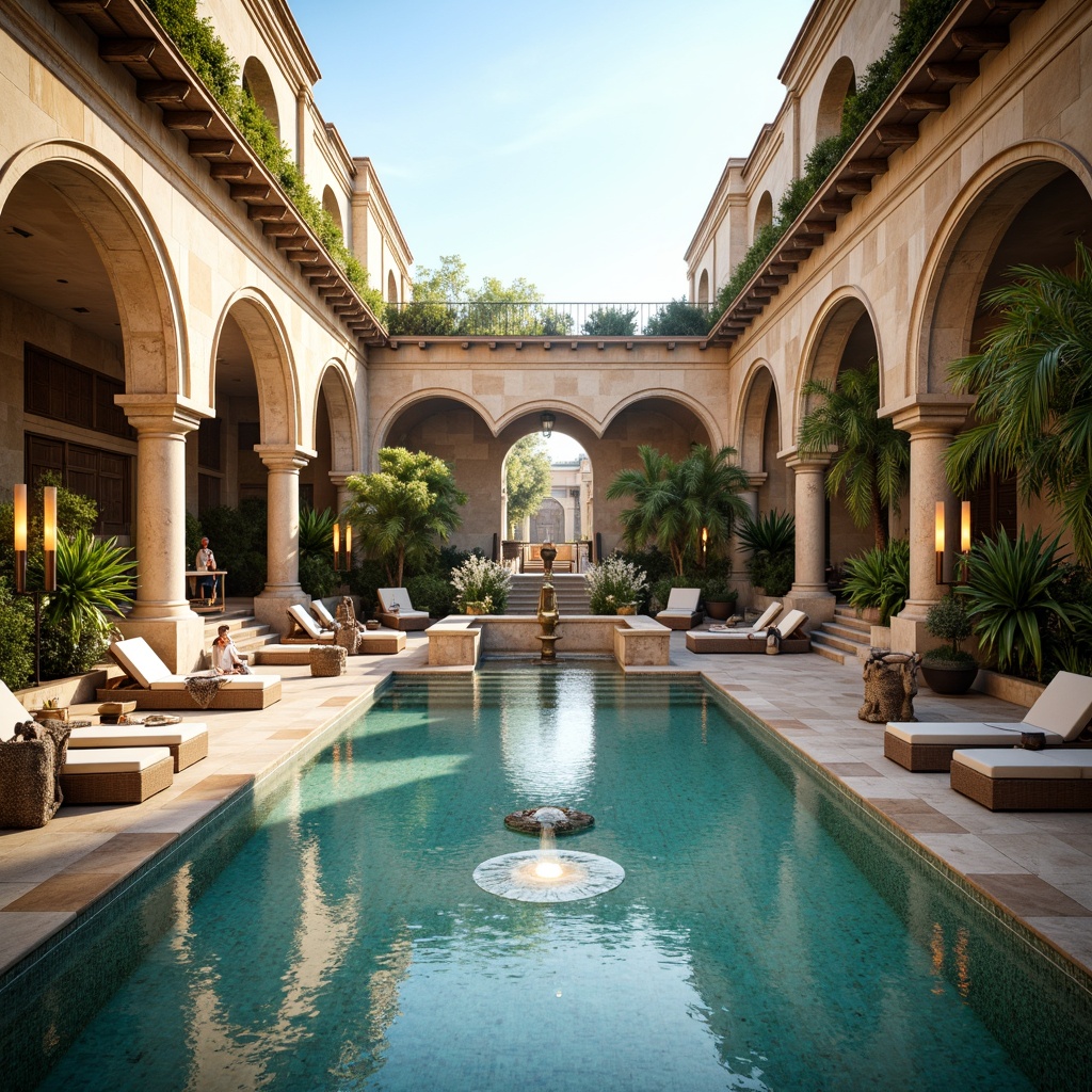 Prompt: Elegant swimming pool, ornate fountains, grandiose columns, intricately carved stonework, majestic archways, refined mosaic tiles, luxurious loungers, ornamental lamps, lush greenery, tropical plants, crystal clear water, sunlight reflections, warm golden lighting, soft focus effect, shallow depth of field, 2/3 composition, symmetrical framing, realistic textures, ambient occlusion.