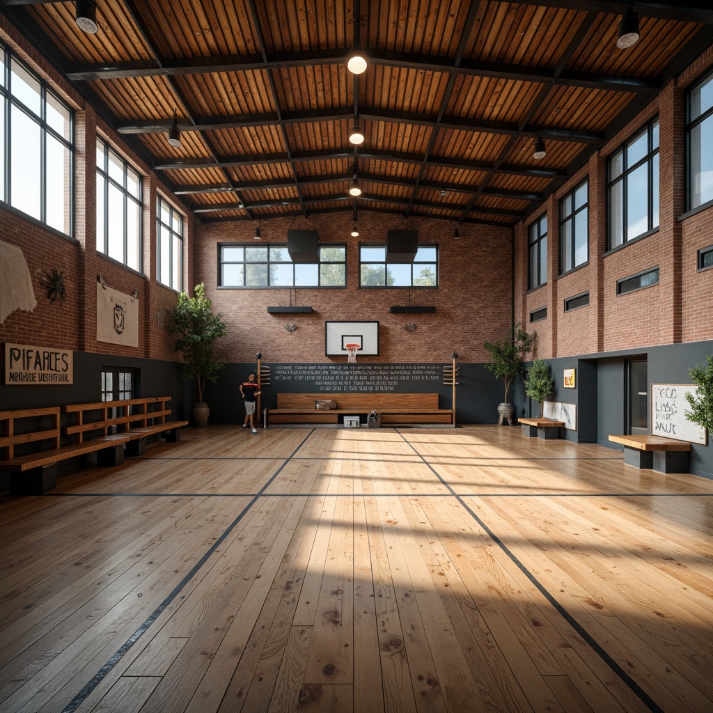 Prompt: Rustic gymnasium interior, reclaimed wood flooring, polished concrete surfaces, industrial-style metal beams, exposed brick walls, vintage sports equipment, wooden bleachers, athletic track lines, motivational quotes, natural light pouring in, soft warm ambiance, shallow depth of field, 3/4 composition, realistic textures, ambient occlusion.