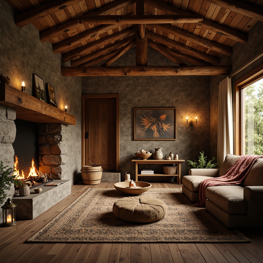 Prompt: Rustic cabin, wooden accents, natural stone walls, earthy color palette, distressed textures, vintage furniture, cozy fire pit, lantern lighting, woven fabrics, rough-hewn wood beams, organic shapes, nature-inspired patterns, warm golden lighting, shallow depth of field, 1/1 composition, atmospheric perspective, realistic normal maps, ambient occlusion.