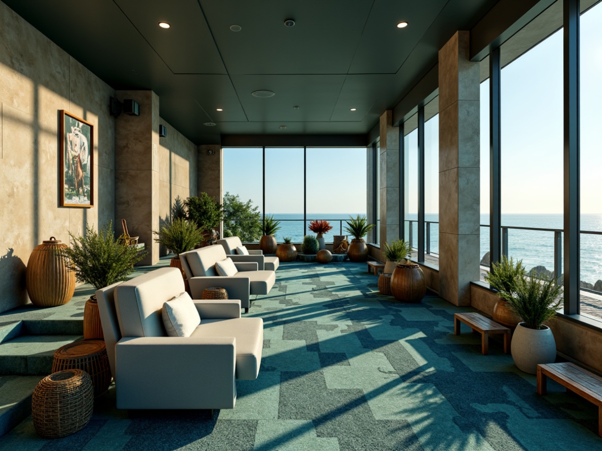 Prompt: Coastal cinema interior, ocean-inspired decor, wave-patterned carpets, driftwood accents, nautical rope details, soft blue-green color palette, ambient LED lighting, floor-to-ceiling glass windows, cinematic screens, plush velvet seating, golden metal fixtures, warm beige walls, ocean-view balconies, sunny daytime atmosphere, softbox lights, high-contrast ratios, cinematic compositions, realistic reflections, subtle camera movements.