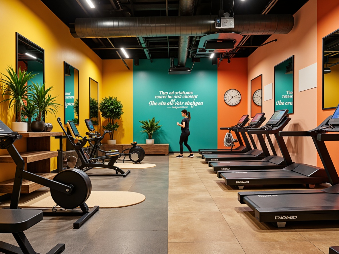 Prompt: Vibrant home gym, bold color scheme, energetic atmosphere, bright accent walls, motivational quotes, industrial-style equipment, heavy-duty flooring, metallic tones, high-gloss finishes, modern lighting fixtures, sleek mirrors, minimalist decor, dynamic workout space, invigorating citrus hues, refreshing mint green accents, stimulating orange tones, revitalizing blue shades, warm beige backgrounds, 1/1 composition, softbox lighting, realistic textures, ambient occlusion.