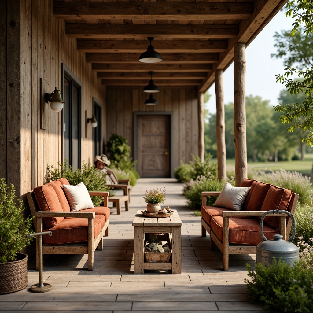 Prompt: Rustic farmhouse, natural wood accents, vintage metal decor, earthy color palette, plush velvet fabrics, distressed leather armchairs, reclaimed wooden benches, galvanized metal lighting, woven wicker baskets, antique farming tools, lush greenery, blooming wildflowers, sunny afternoon, warm soft lighting, shallow depth of field, 3/4 composition, realistic textures, ambient occlusion.