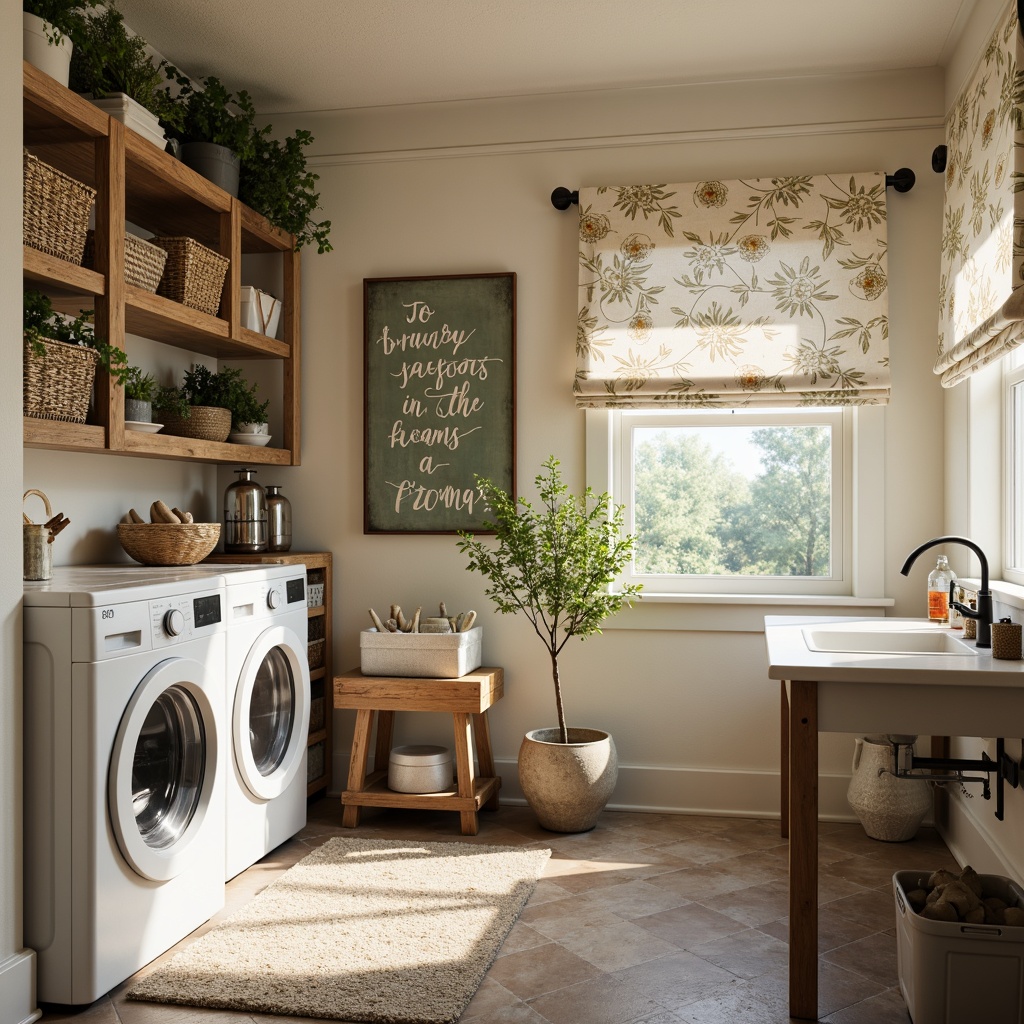 Prompt: Cozy laundry room, vintage washing machines, distressed wooden shelves, woven baskets, soft pastel colors, warm beige tones, rustic metal accents, natural stone flooring, plush area rugs, modern farmhouse sink, shabby chic decorative signs, floral patterned curtains, warm task lighting, 1/1 composition, shallow depth of field, realistic textures, ambient occlusion.