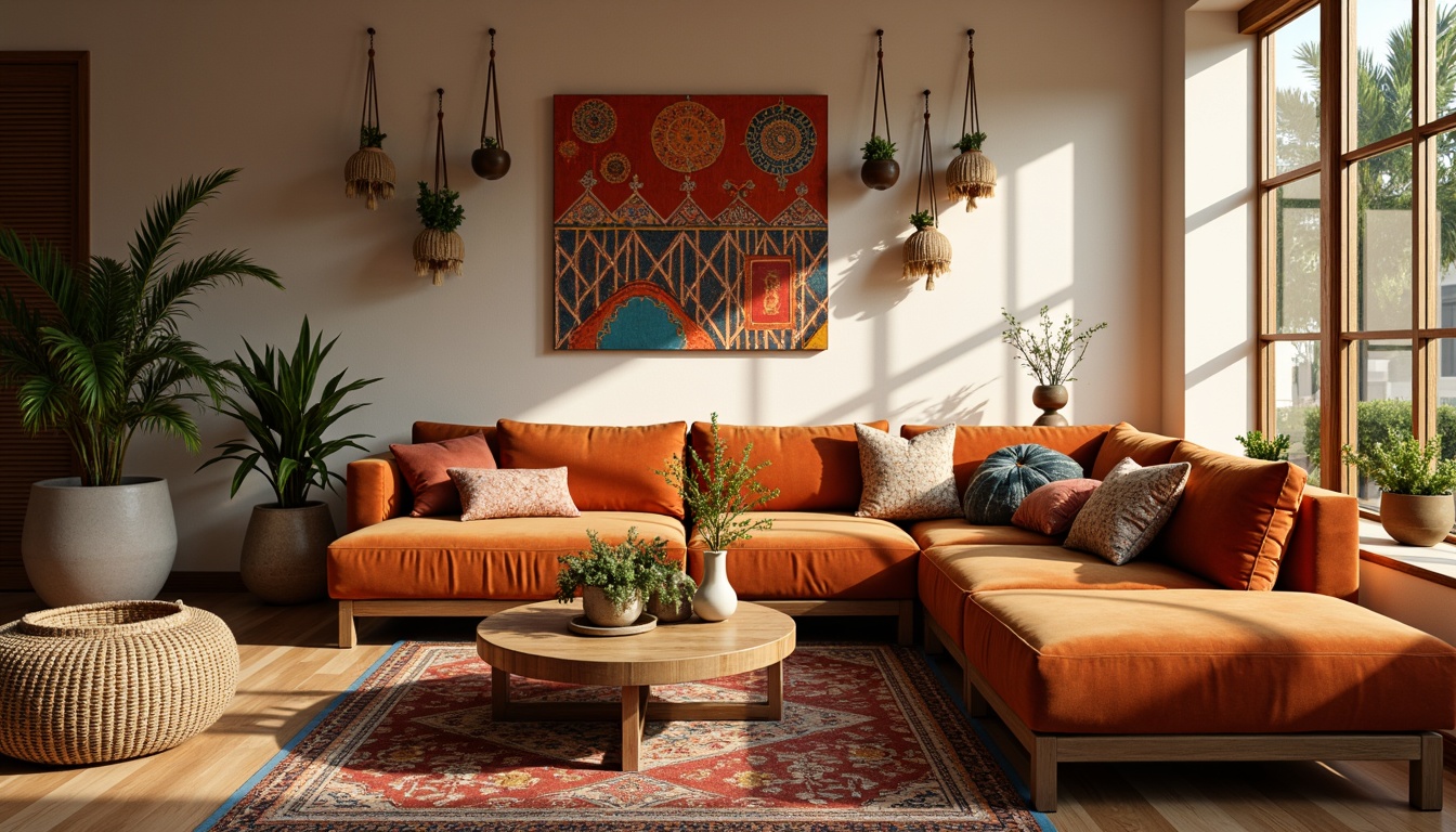 Prompt: Cozy living room, plush velvet sofa, soft cushions, warm beige walls, natural wood flooring, woven basket coffee table, macrame plant hangers, Moroccan-inspired geometric patterns, vibrant colorful textiles, intricate embroidery details, comfortable seating areas, warm ambient lighting, shallow depth of field, 1/1 composition, realistic textures, ambient occlusion.