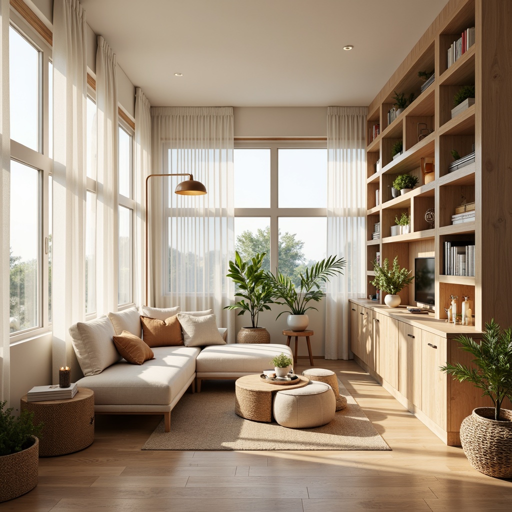 Prompt: Cozy living room, soft warm lighting, natural wood accents, minimal ornamentation, functional simplicity, airy openness, large windows, sheer white curtains, diffused sunlight, subtle shadows, warm beige walls, light-colored wooden floors, minimalist furniture, soft pastel colors, gentle glow of table lamps, floor-to-ceiling bookshelves, greenery-filled planters, calming ambiance, Nordic-inspired decorative elements, natural textiles, woven baskets, warm candlelight, inviting atmosphere, 1/1 composition, realistic textures, ambient occlusion.