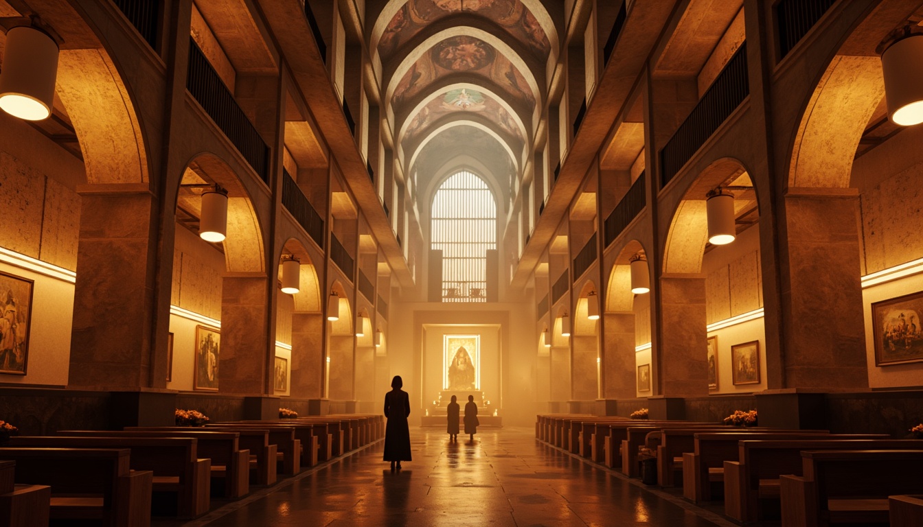 Prompt: Futuristic monastery interior, ambient soft glow, LED strip lights, minimalist pendant lamps, sleek metal fixtures, warm tone color scheme, reverberant acoustics, sacred relics, ornate frescoes, vaulted ceilings, grandiose archways, mystical ambiance, atmospheric fog, subtle gradient effects, low-poly 3D models, cinematic camera angles, 1/2 composition, high contrast ratio, warm color grading, soft focus blur.