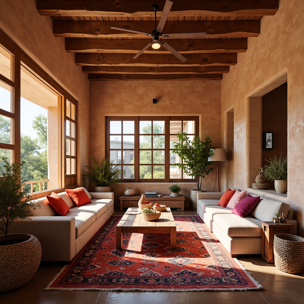 Prompt: Vibrant Southwestern-style living room, bold colorful textiles, patterned rugs, woven baskets, rustic wooden furniture, adobe-inspired architecture, warm earthy tones, natural light pouring in through large windows, soft ambient lighting, shallow depth of field, 3/4 composition, panoramic view, realistic textures, ambient occlusion.