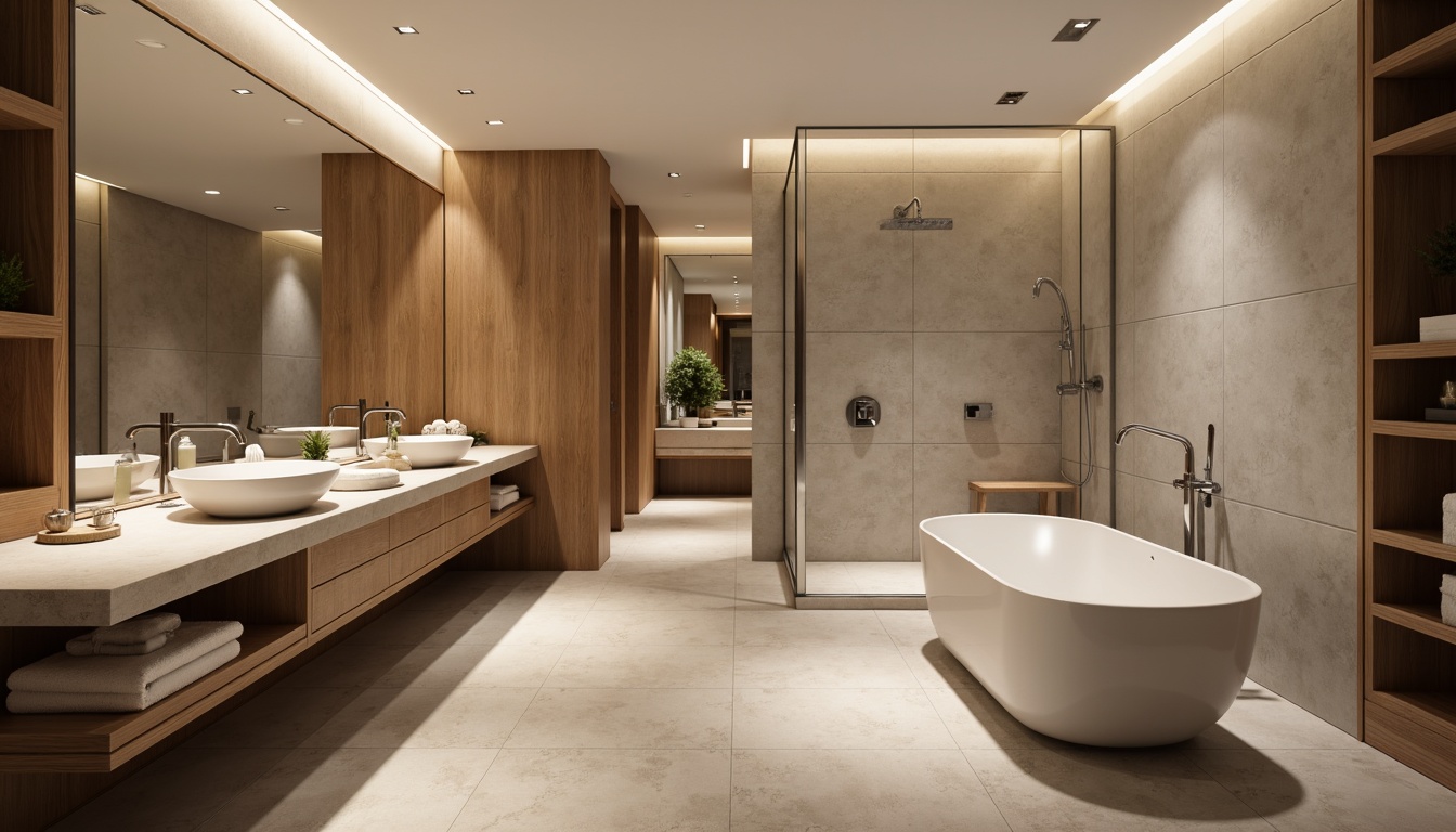 Prompt: Modern bathroom, clean lines, minimalist decor, freestanding tub, wall-mounted sink, LED lighting, heated floors, rain showerhead, body sprays, chrome fixtures, large mirrors, natural stone countertops, wooden cabinets, ambient lighting, shallow depth of field, 3/4 composition, realistic textures, soft warm glow.