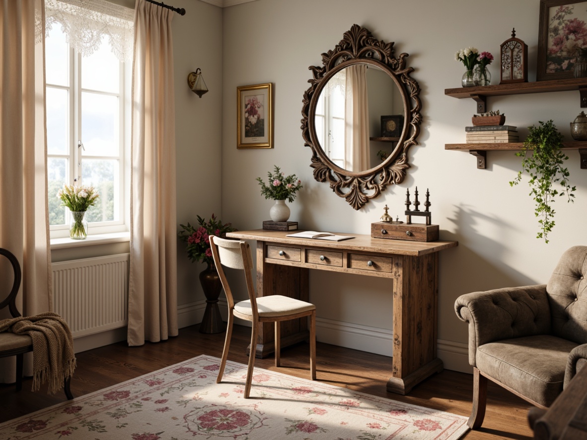 Prompt: Distressed wooden desk, vintage metal chair, ornate mirror, lace curtains, floral patterned rug, soft pastel colors, rustic wooden shelves, decorative vintage items, antique clock, distressed leather sofa, feminine accents, warm cozy lighting, shallow depth of field, 1/1 composition, realistic textures, ambient occlusion.Please let me know if this meets your requirements or if I need to make any adjustments!