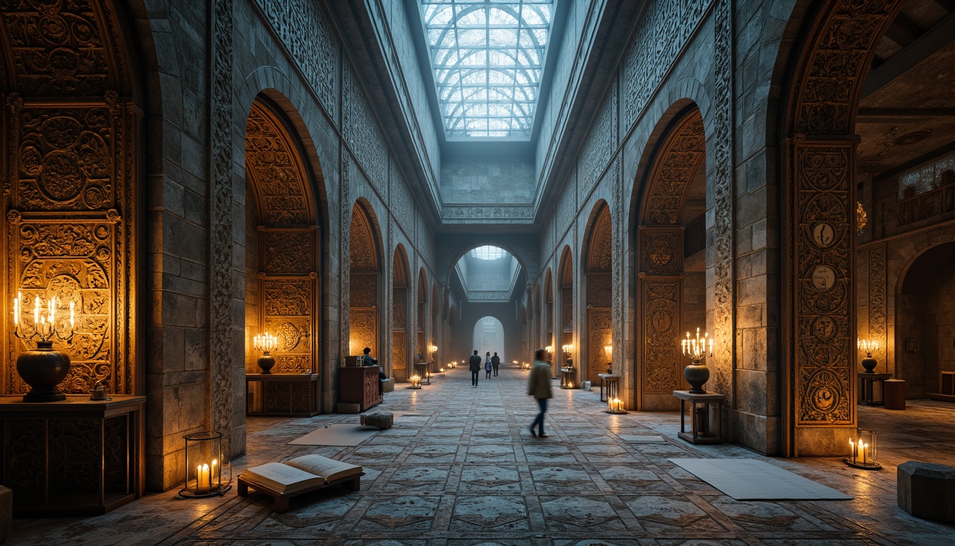 Prompt: Intricate monastery architecture, futuristic tile patterns, ornate stone carvings, metallic accents, LED lighting, geometric mosaics, sacred symbols, ancient manuscripts, mystical ambiance, atmospheric fog, warm candlelight, shallow depth of field, 1/1 composition, realistic textures, ambient occlusion.