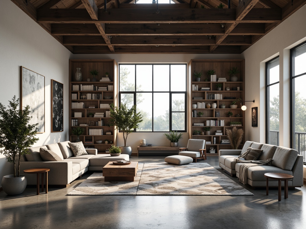 Prompt: Spacious great room, high ceilings, large windows, natural light, modern minimalist style, sleek lines, monochromatic color scheme, polished concrete floors, comfortable plush sofas, geometric-patterned rugs, floor-to-ceiling bookshelves, rustic wooden accents, industrial metal beams, pendant lighting fixtures, soft warm glow, 1/1 composition, shallow depth of field, panoramic view, realistic textures, ambient occlusion.