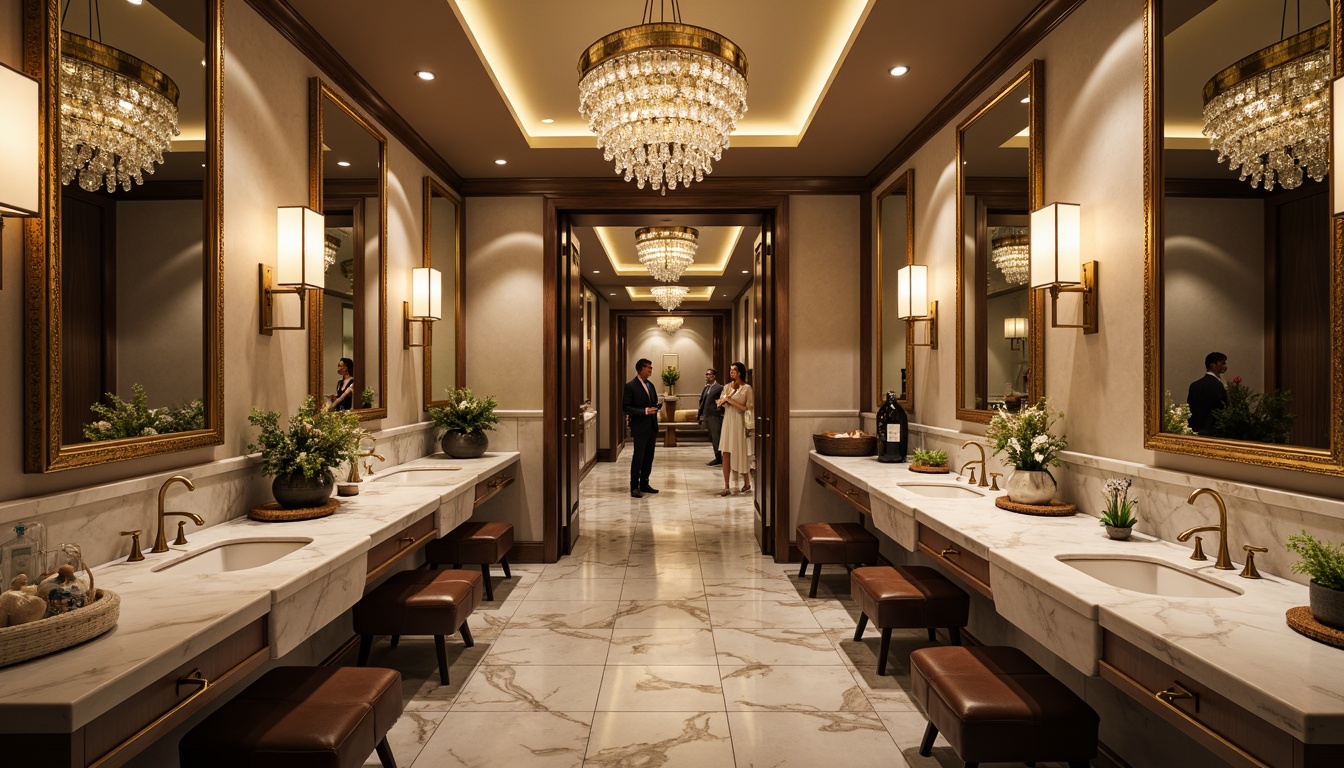 Prompt: Elegant powder room, ornate mirrors, luxurious marble countertops, crystal chandeliers, soft warm glow, ambient lighting, delicate glass fixtures, polished chrome accents, sophisticated color palette, rich textures, refined architectural details, subtle shading, high-contrast ratio, shallow depth of field, 1/1 composition, realistic reflections.