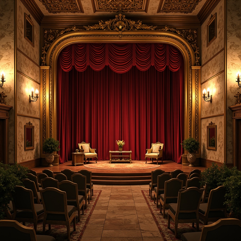 Prompt: Rustic wooden proscenium, soft golden lighting, ornate gilded details, velvet red curtains, distressed stone walls, vintage opera chairs, intimate cabaret seating, lush greenery, floral patterns, lace trimmings, antique furniture pieces, warm beige tones, soft focus, shallow depth of field, 1/2 composition, dramatic spotlights, romantic ambiance.