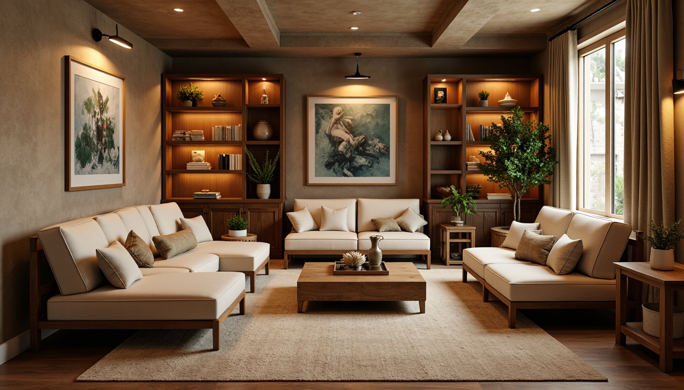 Prompt: Cozy basement ambiance, warm beige walls, rich walnut wood accents, soft cream-colored ceilings, calming blue-green hues, earthy terracotta tones, natural stone textures, comfortable plush furnishings, warm golden lighting, intimate cozy nooks, rustic metal decor, vintage industrial elements, distressed wooden crates, soft area rugs, inviting conversation areas, relaxing reading corners, serene atmospheric lighting, 1/2 composition, shallow depth of field, realistic material renderings.