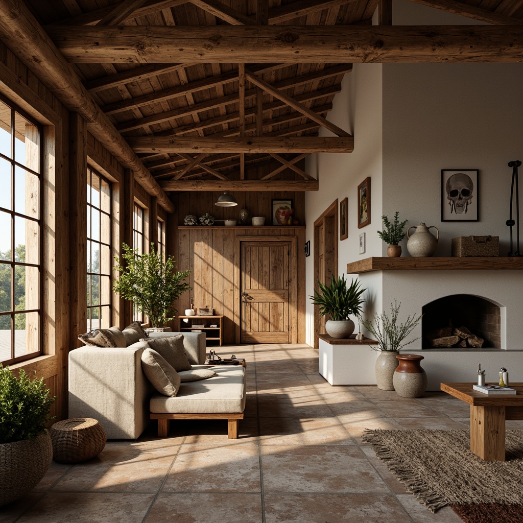 Prompt: Rustic pavilion farmhouse, reclaimed wood accents, distressed metal decor, vintage farm tools, earthy color palette, natural stone flooring, exposed wooden beams, cozy fireplaces, plush textiles, woven baskets, ceramic vases, potted greenery, warm soft lighting, shallow depth of field, 1/2 composition, realistic textures, ambient occlusion.