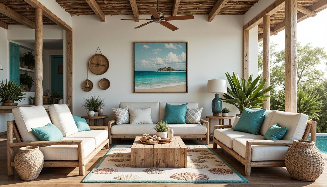 Prompt: Seaside villa, driftwood furniture, natural linen upholstery, ocean-inspired artwork, shell decorations, coral-patterned rugs, turquoise accents, beachy keen colors, distressed wood textures, woven wicker baskets, nautical-themed accessories, sea-glass vases, tropical plants, sunny coastal morning, soft warm lighting, shallow depth of field, 1/2 composition, realistic reflections, ambient occlusion.