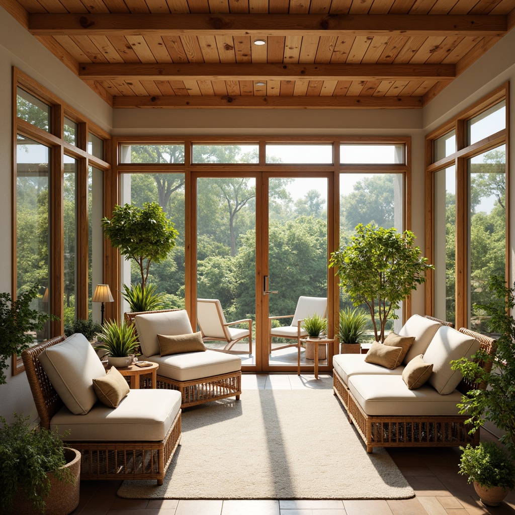 Prompt: Cozy sunroom, natural stone flooring, warm wood tones, comfortable wicker furniture, plush cushions, soft pastel colors, lush greenery, potted plants, sliding glass doors, bright sunny day, warm gentle lighting, shallow depth of field, 1/1 composition, realistic textures, ambient occlusion.