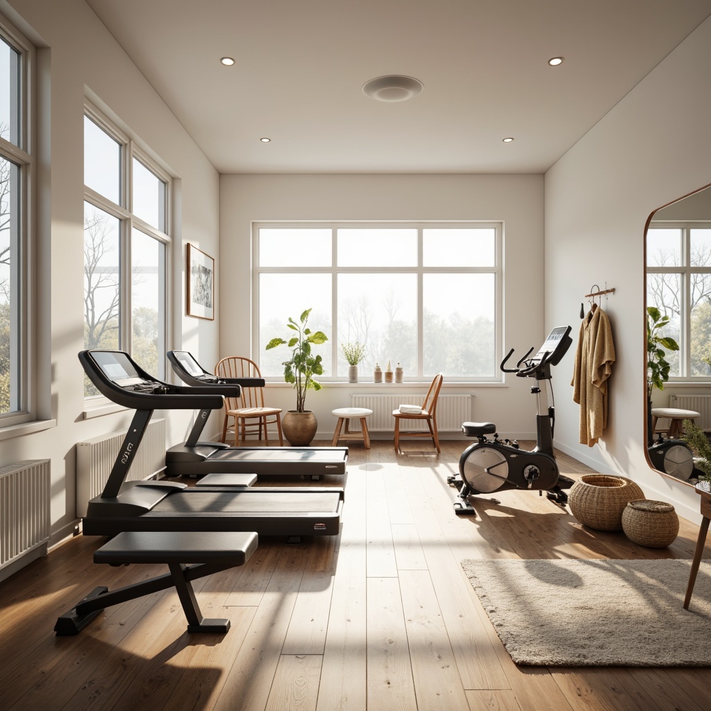 Prompt: Light-filled Scandinavian home gym, minimalist interior design, wooden flooring, white walls, floor-to-ceiling windows, modern fitness equipment, sleek treadmills, compact exercise bikes, space-saving free weights, ergonomic benches, mirrored walls, natural textiles, woven baskets, industrial-chic metal accents, warm ambient lighting, shallow depth of field, 1/1 composition, realistic wood grain textures, subtle atmospheric fog.