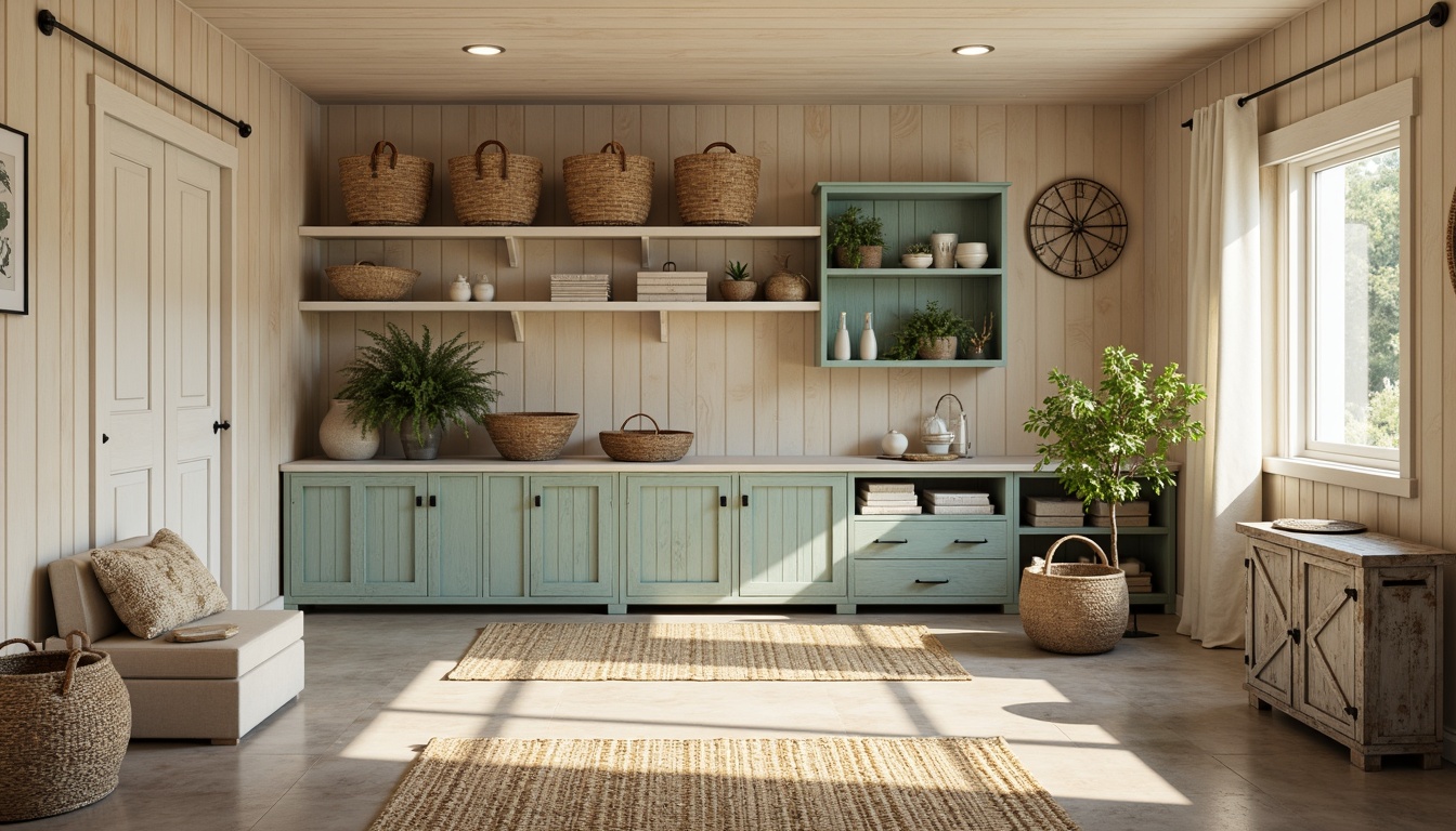 Prompt: Calming coastal storage room, soft sandy beige walls, weathered wood accents, crisp white trim, soothing seafoam green shelves, natural jute rugs, woven wicker baskets, nautical navy blue cabinets, rusty metal decor, driftwood-inspired furniture, ocean-breeze ventilation, warm sunny lighting, shallow depth of field, 2/3 composition, realistic textures, ambient occlusion.