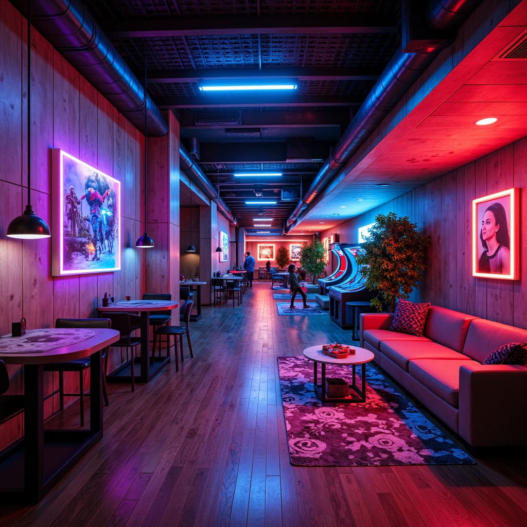 Prompt: Vibrant game room, neon-colored LED lights, futuristic console tables, high-gloss wooden floors, sleek metal chairs, bold patterned rugs, retro arcade machines, virtual reality gaming stations, cozy reading nooks, plush velvet sofas, rich wood paneling, industrial-style concrete walls, urban loft-inspired decor, atmospheric ambient lighting, shallow depth of field, 3/4 composition, panoramic view, realistic textures, ambient occlusion.