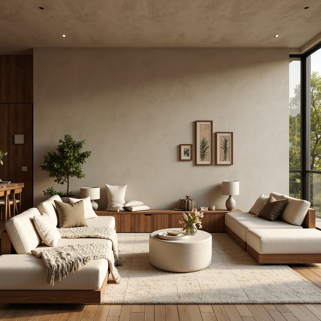 Prompt: Earthy tones, natural materials, wooden accents, plush furnishings, soft pastels, calming ambiance, serene atmosphere, minimal ornamentation, creamy whites, warm beige, rich walnut, comfortable seating, cozy throw blankets, lush greenery, subtle textures, organic shapes, gentle color transitions, 1/1 composition, soft focus, warm lighting, ambient glow.