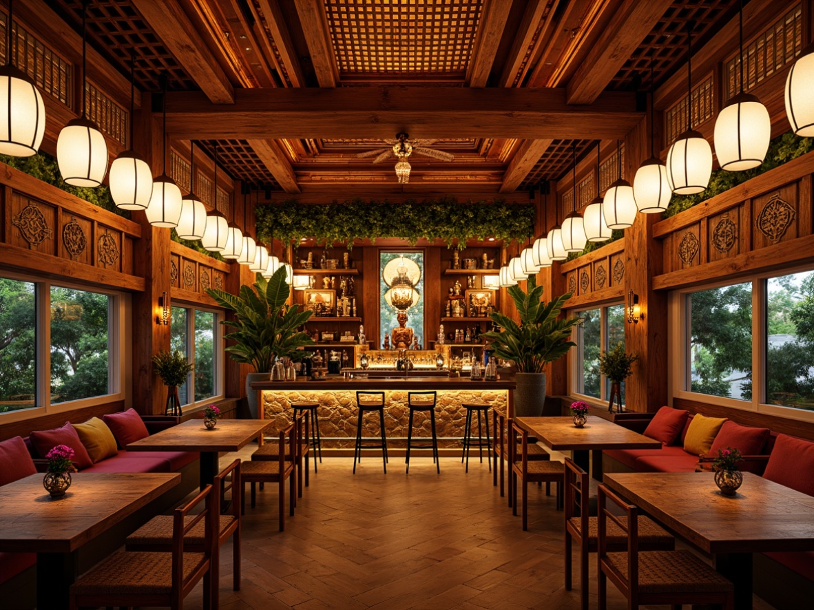 Prompt: Vibrant bar interior, Asian-inspired decor, rich wood tones, ornate carvings, lantern-style lighting, bold color schemes, eclectic mix of patterns, Buddha statues, tropical plants, natural stone walls, woven bamboo furniture, low-seating areas, intimate ambiance, warm golden lighting, shallow depth of field, 3/4 composition, panoramic view, realistic textures, ambient occlusion.