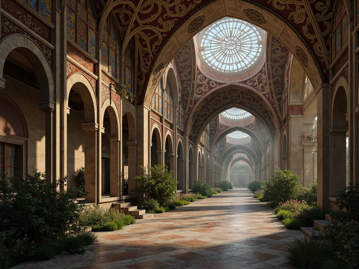 Prompt: Intricate monastery architecture, futuristic tile patterns, sacred geometries, iridescent mosaics, metallic accents, ornate frescoes, vaulted ceilings, grandiose archways, mystical ambiance, soft ethereal lighting, shallow depth of field, 1/2 composition, symmetrical view, realistic textures, ambient occlusion, ancient ruins, overgrown vegetation, misty atmosphere, warm color palette.