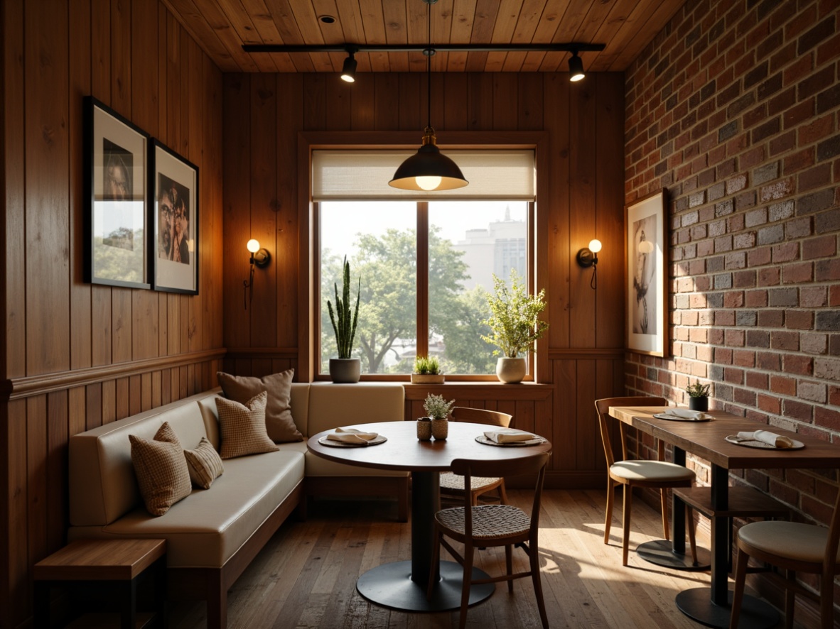 Prompt: Warm breakfast nook, rich wood tones, soft morning light, pendant lighting fixtures, industrial-chic metal shades, exposed brick walls, comfortable cushioned banquettes, rustic wooden tables, vintage-inspired decor, warm beige color scheme, cozy intimate atmosphere, soft focus, shallow depth of field, 1/1 composition, realistic textures, ambient occlusion.