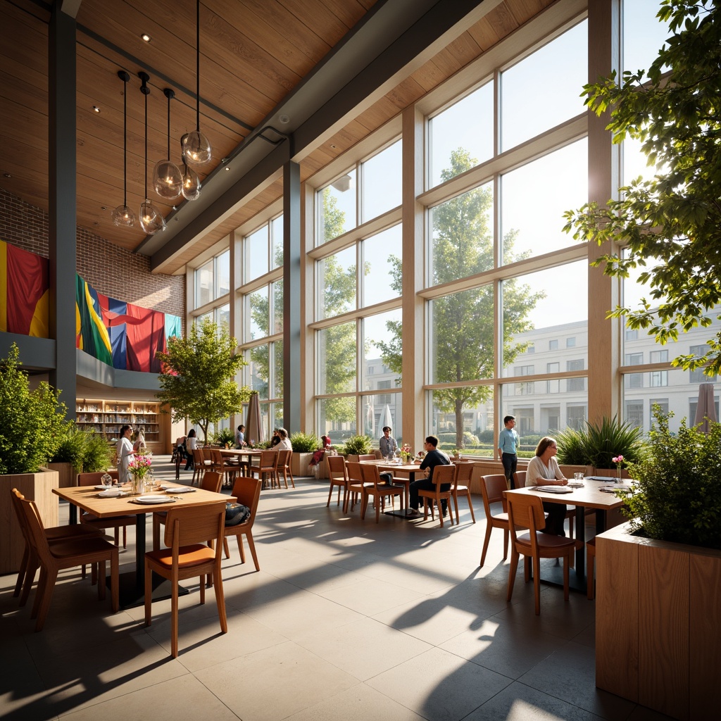 Prompt: Bright university dining hall, high ceilings, large windows, natural light pouring in, warm pendant lighting fixtures, modern minimalist chandeliers, wooden tables and chairs, vibrant colorful decorations, lively atmosphere, morning sunlight, soft warm glow, shallow depth of field, 1/1 composition, realistic textures, ambient occlusion.