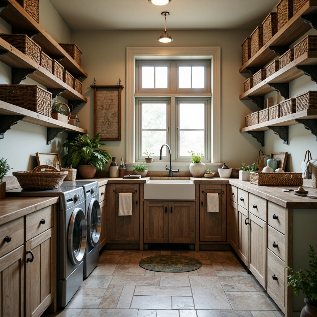 Prompt: Vintage laundry room, rustic wooden cabinets, distressed metal appliances, woven wicker baskets, soft pastel colors, natural stone flooring, industrial-style lighting fixtures, metal shelves with ornate brackets, farmhouse sink, antique washboards, woven textiles, earthy tones, warm ambient lighting, shallow depth of field, 1/1 composition, realistic textures, subtle shadows.