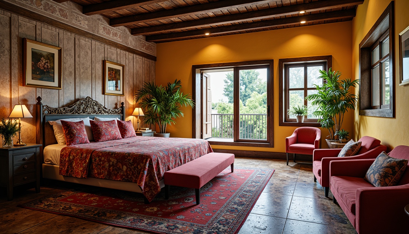 Prompt: Vibrant eclectic bedroom, distressed wood furniture, plush velvet upholstery, ornate metal frames, bold colorful patterns, vintage rug, Moroccan-inspired tiles, oversized windows, natural light, soft warm ambiance, 1/1 composition, shallow depth of field, realistic textures, ambient occlusion.