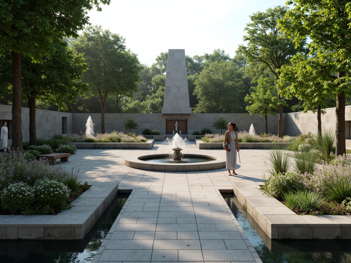 Prompt: Solemn memorial center, serene gardens, walking paths, peaceful water features, commemorative statues, granite monuments, elegant fountains, natural stone walls, tranquil atmosphere, soft diffused lighting, subtle shadows, 3/4 composition, symmetrical layout, harmonious color palette, calming textures, ambient occlusion.