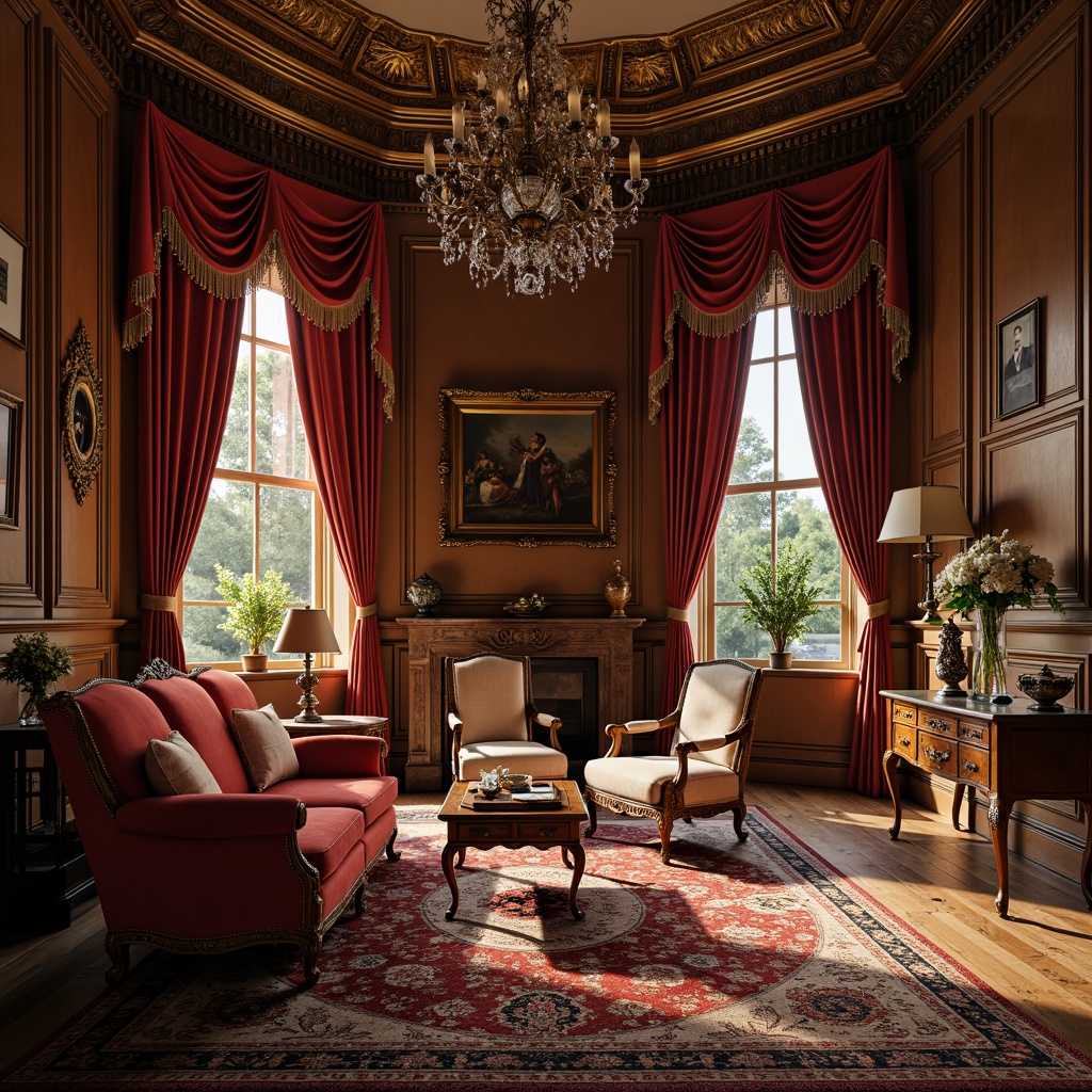 Prompt: Elegant antique furniture, ornate wood carvings, rich velvet fabrics, luxurious silk drapes, intricately patterned rugs, vintage decorative accessories, classic oil paintings, refined crystal chandeliers, warm golden lighting, shallow depth of field, 1/1 composition, realistic textures, ambient occlusion.